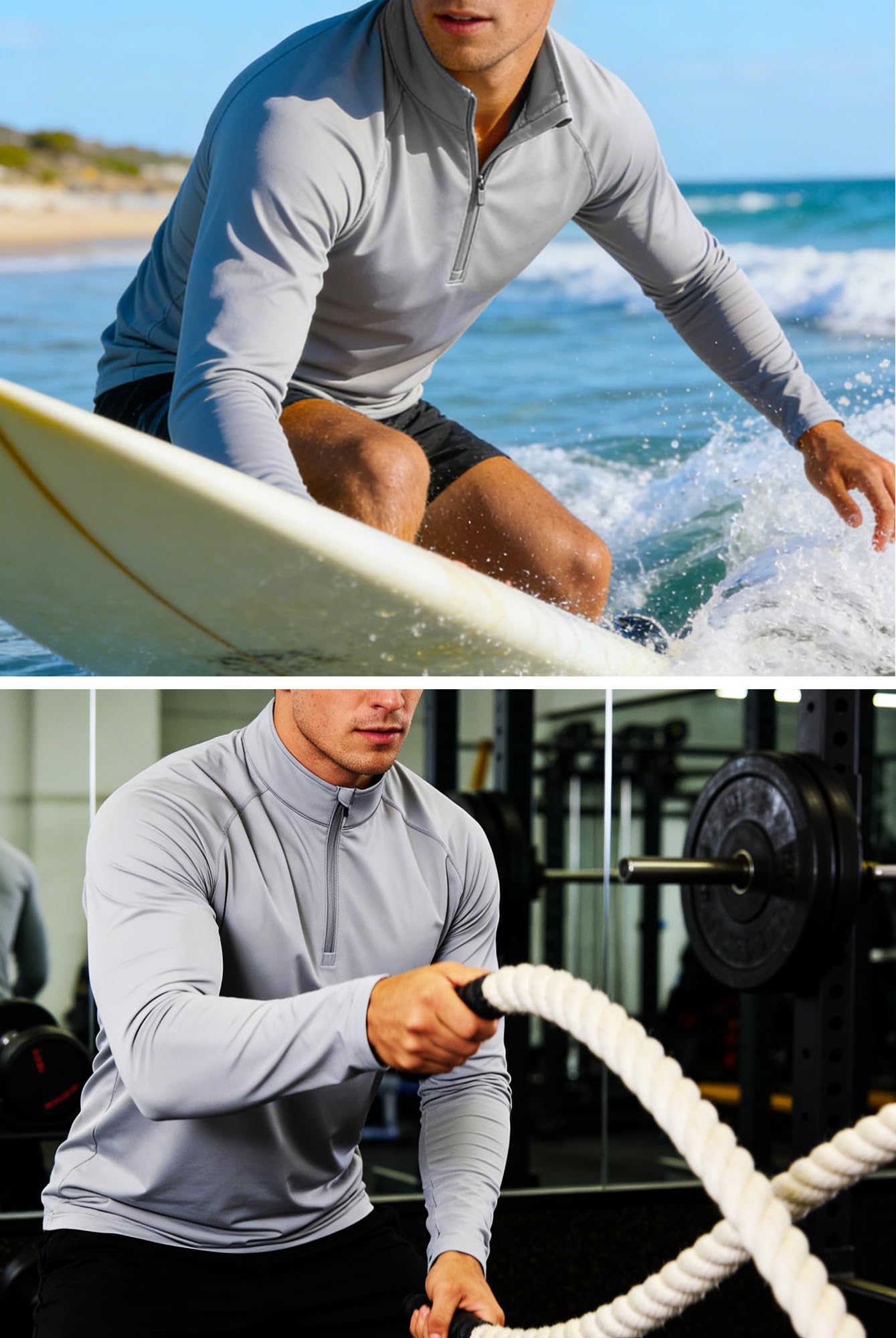 Mens Sun Shirts Quarter Zip Pullover UPF 50+ Fishing Long Sleeve Rash Guard Shirt White
