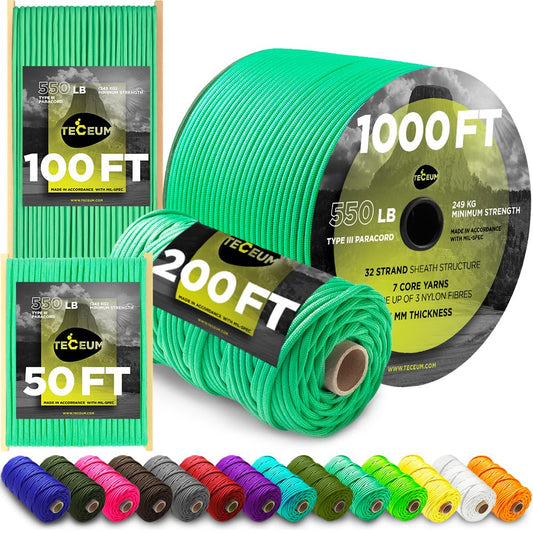 TECEUM Paracord Type III 550 Lemongrass – 50 ft – 4mm – Tactical Rope MIL-SPEC – Outdoor para Cord –Camping Hiking Fishing Gear and Equipment – EDC Parachute Cord – Strong Survival Rope 461