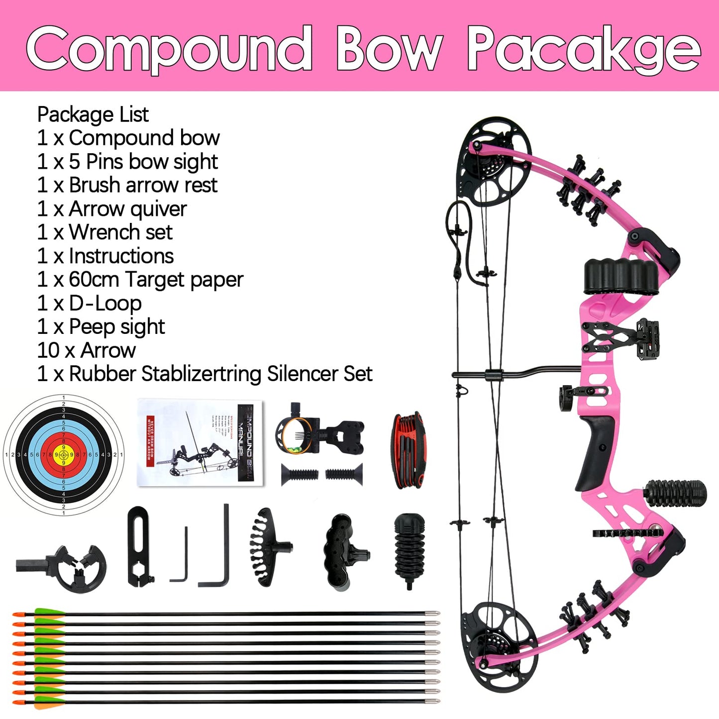 WUXLISTY Youth Compound Bow Set 15-45 Lbs for Teens and Beginner, Package with Archery Hunting Equipment, 5 Pin Sight, Max Speed 320fps, Adjustable, Right Hand, Pink