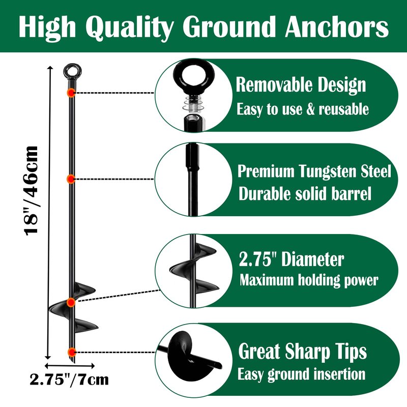 LIFEBED 18 inch Ground Anchors Srew in Heavy Duty, Earth Shed Anchor Kit, Trampoline Stake Hook for Dirt, Swing Sets, Playset, Tent, Canopy, Carport, Mobile Home Tie Down, 6 Pack