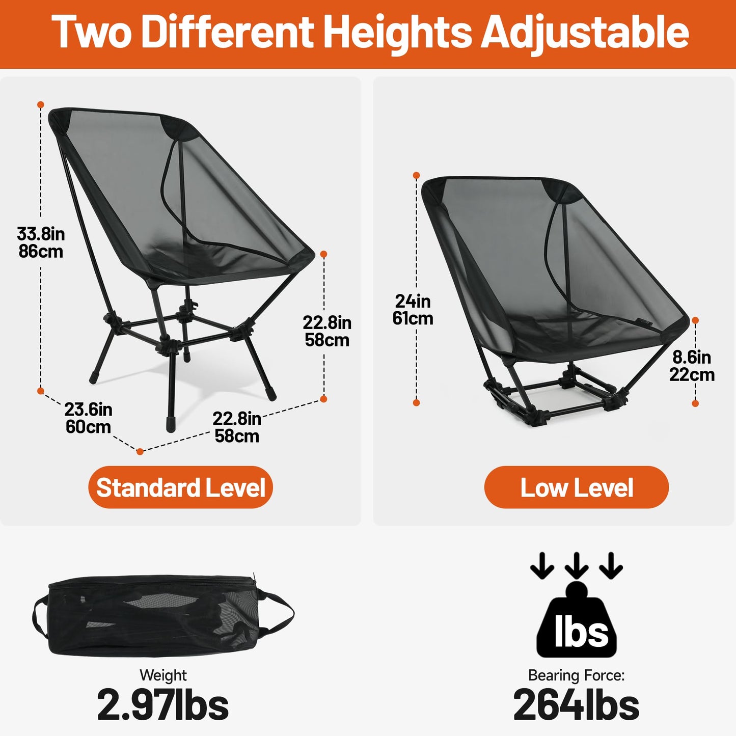 喜马拉雅 Himalaya Ultralight Beach Chair, 2 Heights Lightweight Camping Chair, Folding Mesh Backpacking Chairs, Portable Compact Camp Chairs for Hiking Picnic Lawn Festival Outdoor