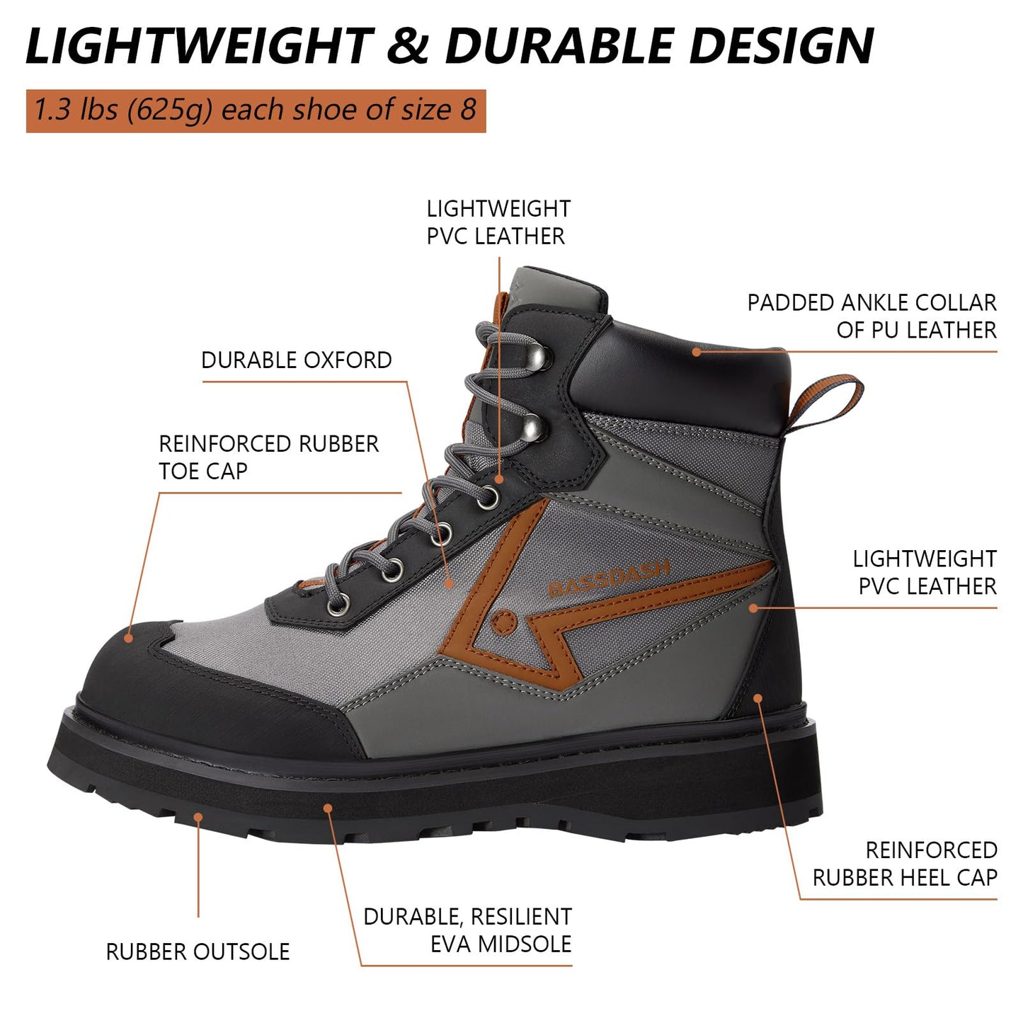BASSDASH Men’s Wading Boots Lightweight Anti-Slip Rubber Sole Fly Fishing Wading Shoes
