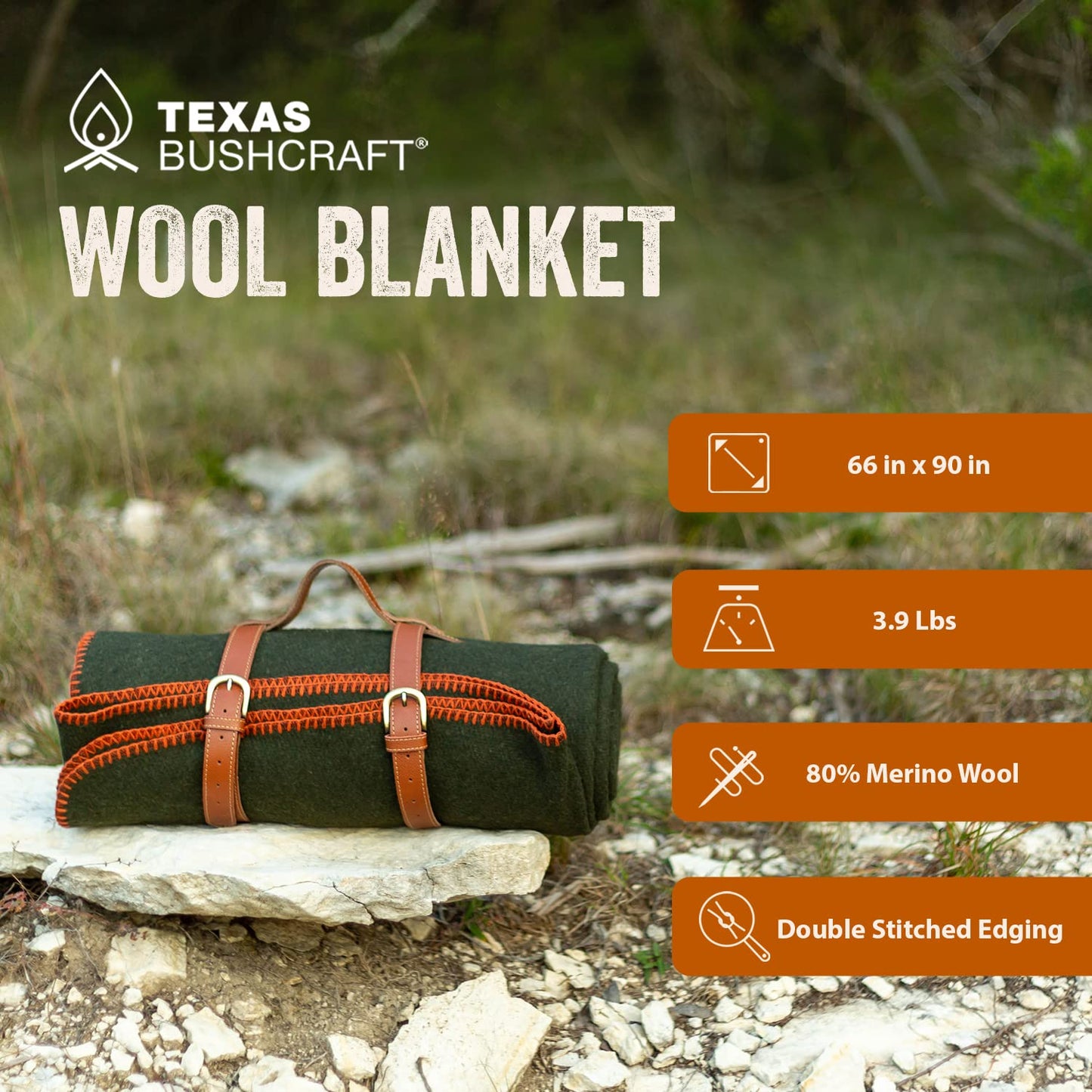 Texas Bushcraft Merino Wool Blanket for Camping Hiking and Backpacking – Water and Fire Resistant Camp Blanket Car Blanket is Fast-Warming and Durable with Double-Stitched Edging (66” x 90”)