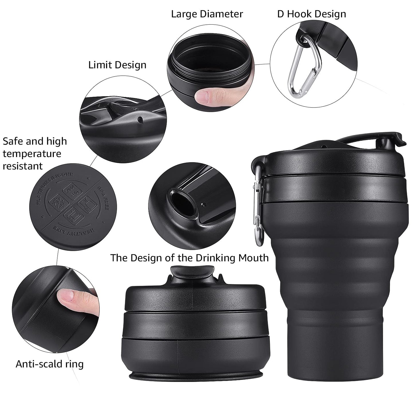 EASYXQ Collapsible Coffee Cup, 16 OZ 480ml Silicone Folding Camping Cup, Leak Proof BPA Free Portable Cup, Travel mug with Lids for hiking (Black)