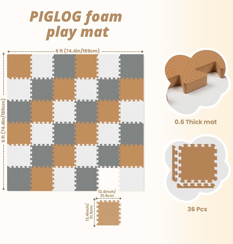 Baby Play Mat - 36Pcs Interlocking Foam Floor Tiles for Kids | Soft Crawling Rug for Playroom (Brown-Gray-White) 11.8x11.8x0.6 In