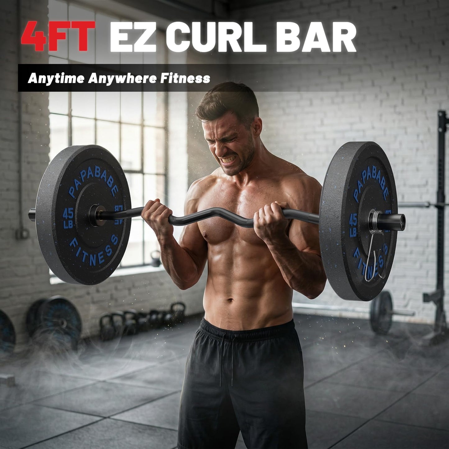 PAPABABE Olympic Barbell, 4ft/4.9ft/6ft/6.2ft Short Barbell for Strength Training and Technique Adjusting, 2 inch Olympic Bar with Volcano Knurling Spin Sleeves Comfortable Grip for Bench Press Curls Deadlifts Home Gym Beginner (4FT Curl Bar)