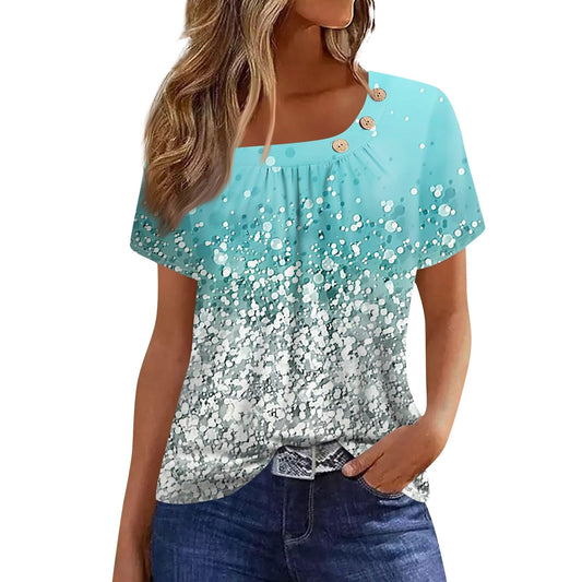 Beautiful Summer Tops Women Short Sleeve Park Plus Size Print Fit Shirt Crewneck Stretch Polyester Button Blouse Womans Cyan