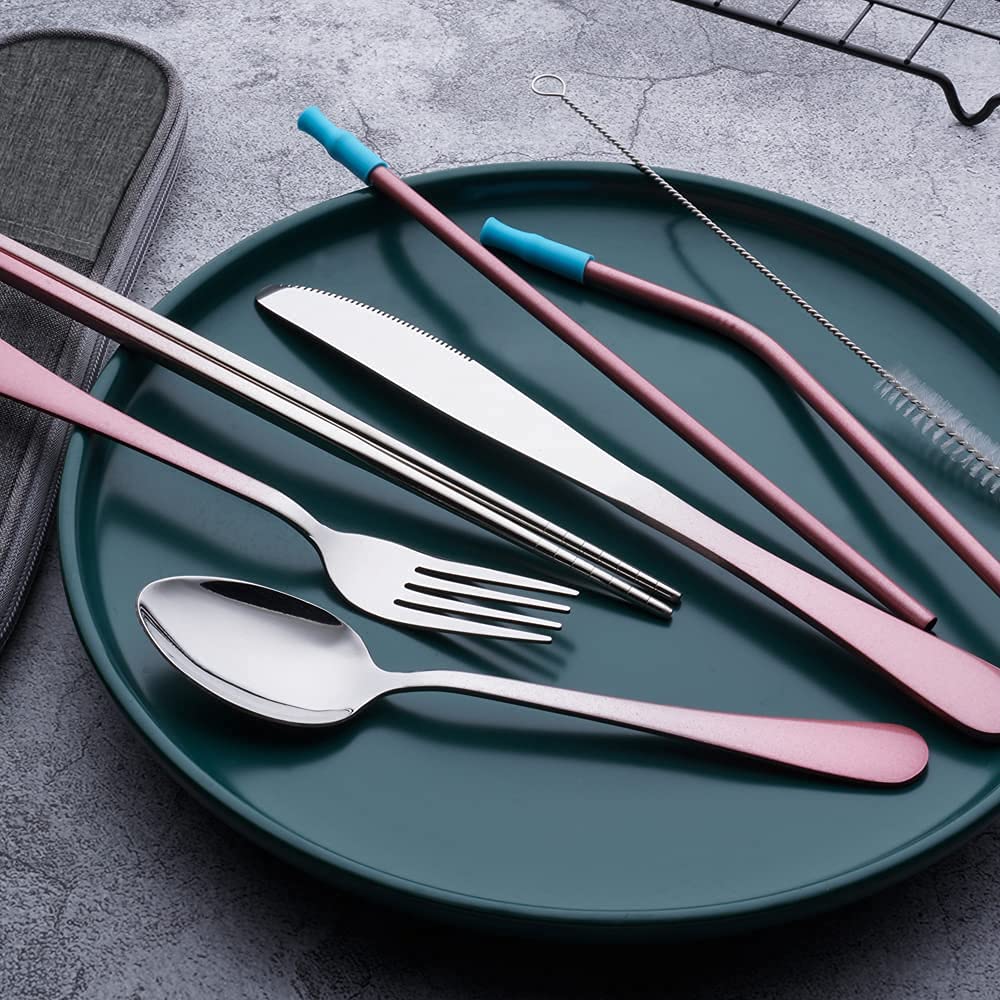 Travel Utensils Set with Case Reusable Portable Cutlery Set Stainless Steel 8pcs Including Dinner Knife Fork Spoon Chopsticks straws(Gradient Pink)