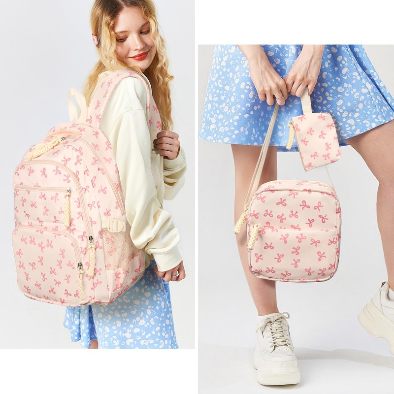 Cohawk Bow Backpack for Women Coquette Aesthetic Nylon Rucksack Cute Kawaii Backpack 3Pcs Set With Bow Pattern