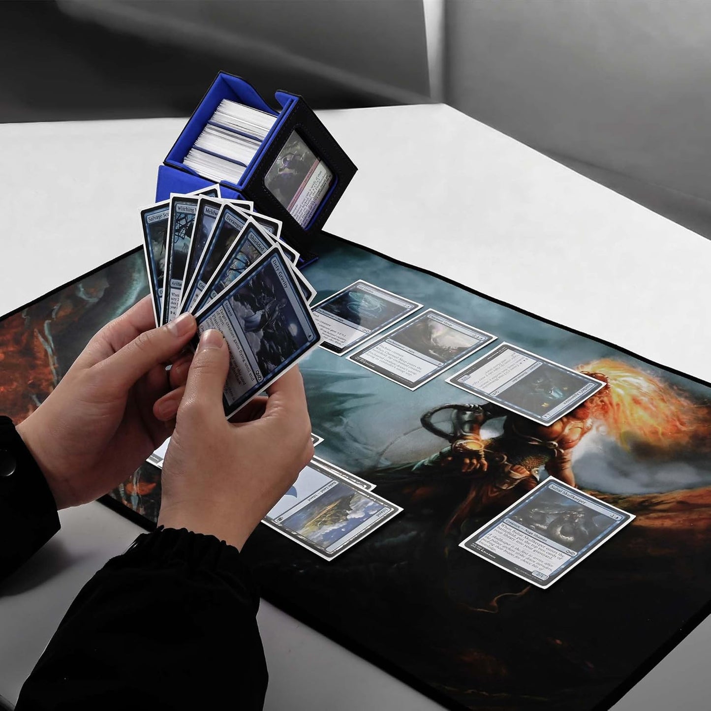 ZLCA MTG Deck Box - Trading Card Storage Box with Commander Window | Holds 100 Double-Sleeved Cards (Black & Blue)