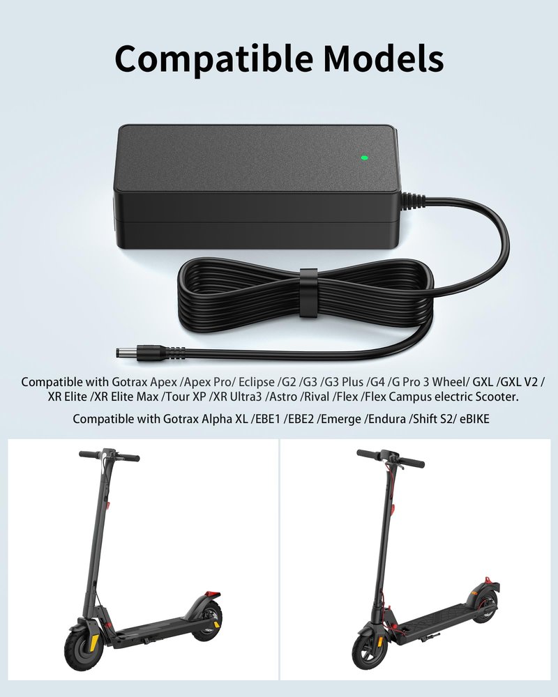 VHBW 42V Charger for Gotrax Electric Scooter Compatible with GOTRAX Apex/Eclipse/G2/G3/G3 Plus/G4/Tour XP/Rival/GXL/GXL V2/XR Elite,42V 2A Electric Bike Charger for Gotrax Alpha XL/EBE1 Bikes