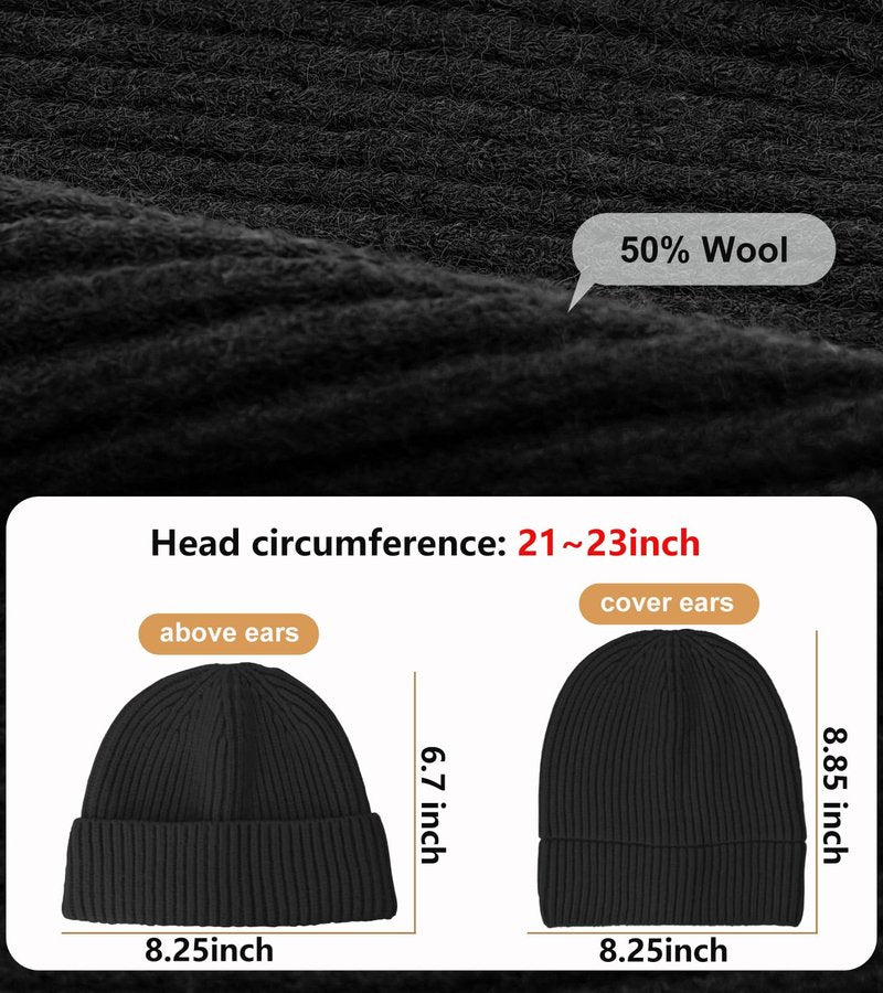 Simapu Wool Fisherman Beanies for Men Women, Short Knit Fall Winter Warm Beanie, Watch Cap, Cuffed Trawler Hats, Skull Caps Black