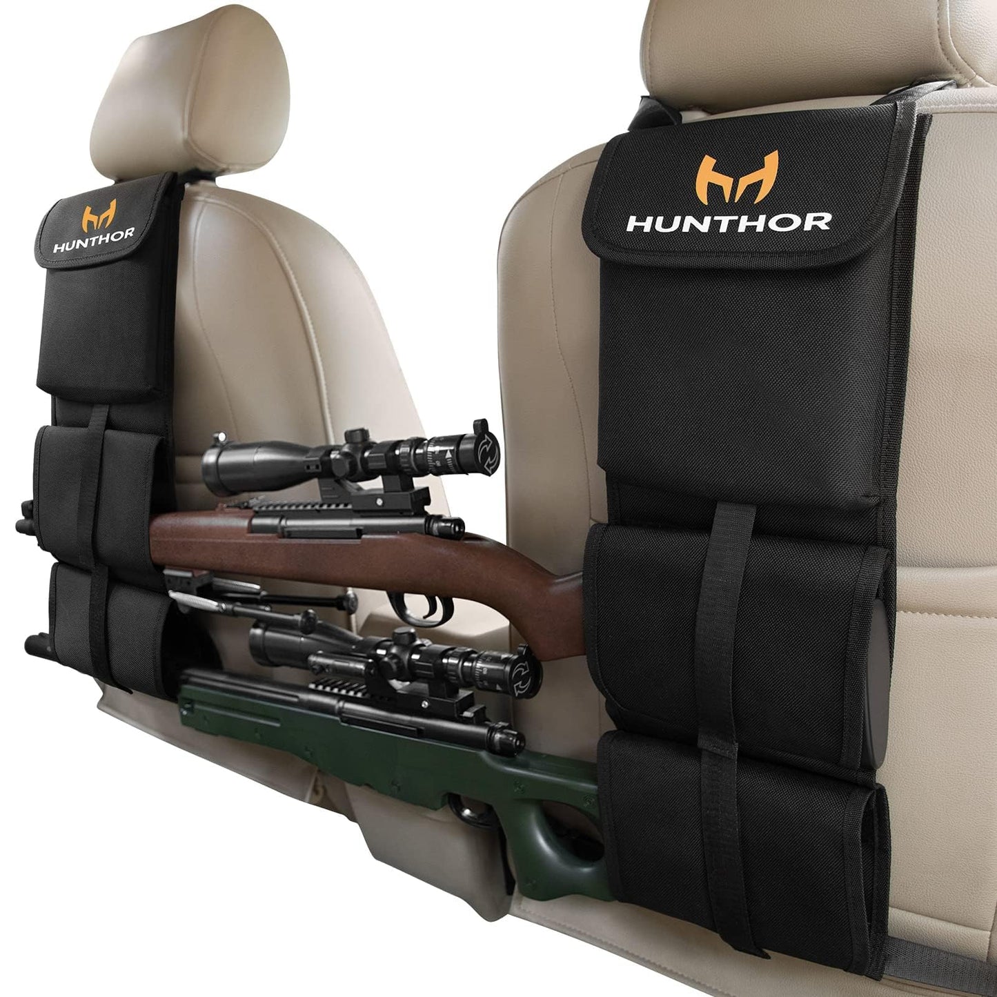Hunthor Truck Gun Rack (A Pair), 900D Adjustable Seat Back Gun Storage, Heavy Duty Automotive Rifle Holder Hunting Accessories for Jeep, Truck, SUV, Off-Road Vehicles(Black)