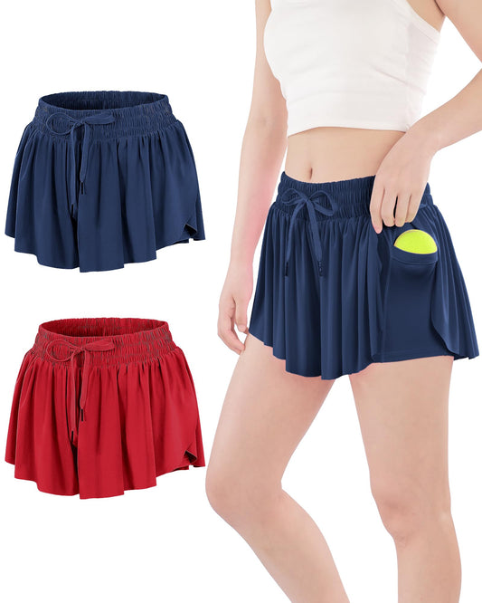 ZUEMET Flowy Shorts for Girls 2-in-1 Butterfly Athletic Shorts with Spandex Liner for Preppy Cheer, Fitness, Tennis, Gym Navy+Red 7-8 Years