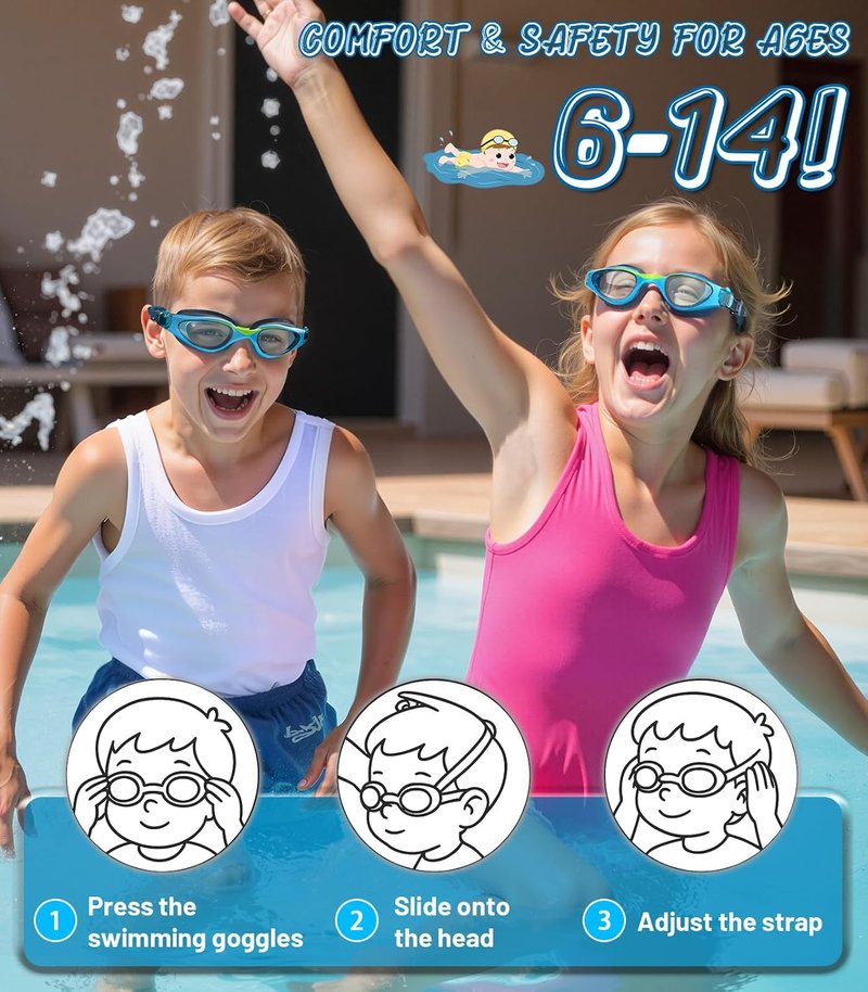 Kids Swim Goggles - Anti-Fog UV Protection & Leakproof Design | Adjustable Strap for Ages 6-14