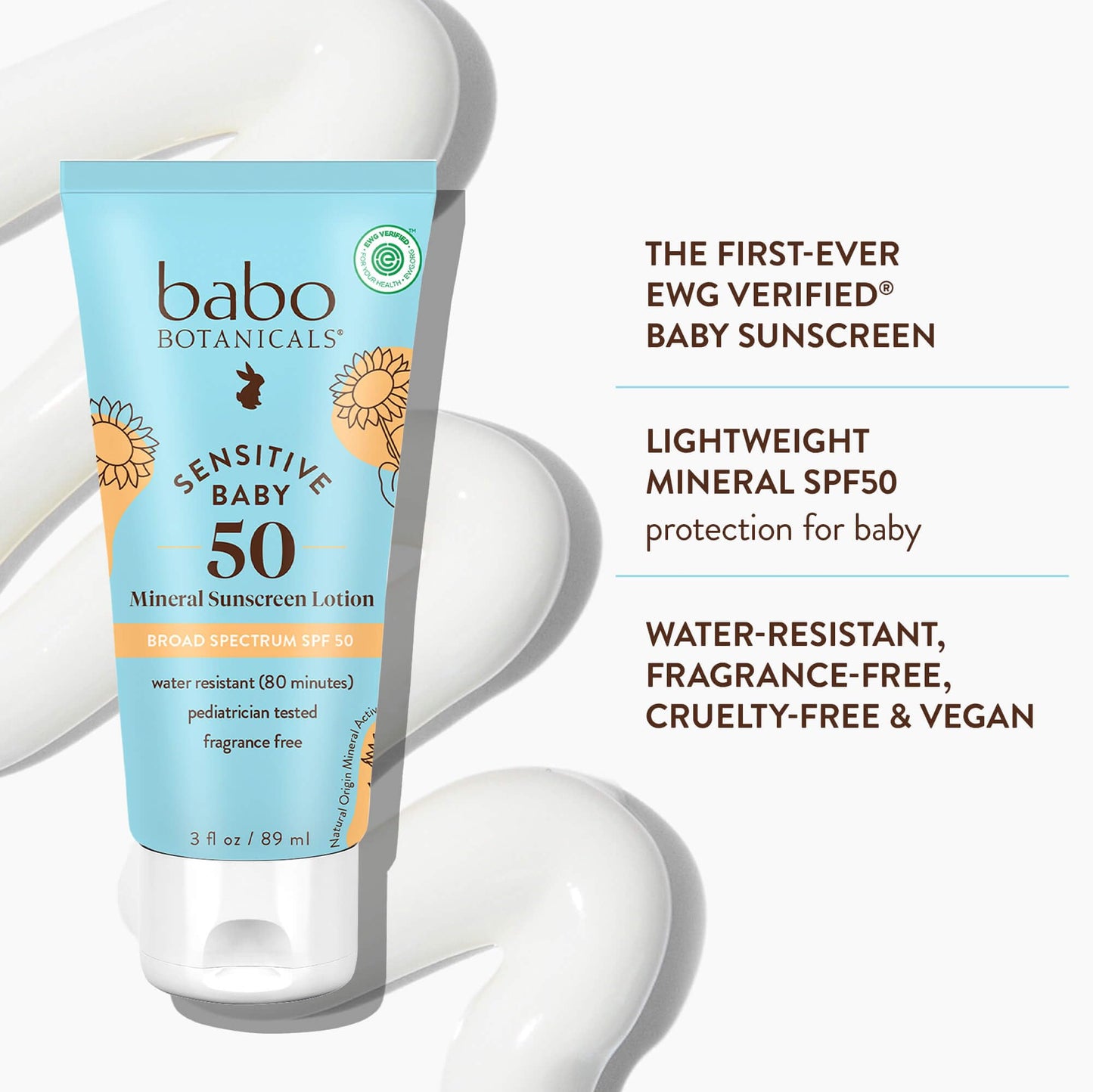 Babo Botanicals Sensitive Baby Mineral Sunscreen Lotion SPF50 - Natural Zinc Oxide - Face & Body - Fragrance-Free - Water-Resistant - EWG Verified - Vegan - Extra Sensitive Skin - For Babies & Kids
