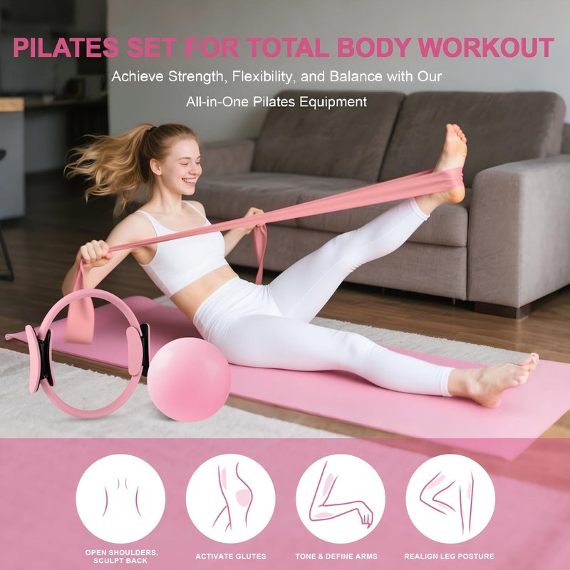 NITMTYOU Home Pilates Essentials Kit for Women - Complete Set with 9" Yoga Ball, Figure 8 Resistance Band, Pilates Bands, Accessories, and Pilates Ring - Perfect for Beginners Home Workouts