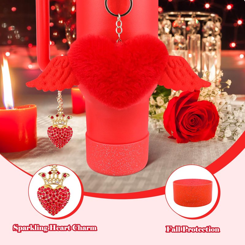 WINOWIMO 8 Pcs Valentines Day Accessories Set for Stanley Cup 30&40 Oz, Red Silicone Glitter Boot 2 Pcs Straw Covers Pom-Pom Charm Heart Charm Water Bottle Handle, Valentines Day Gifts for Her Girls
