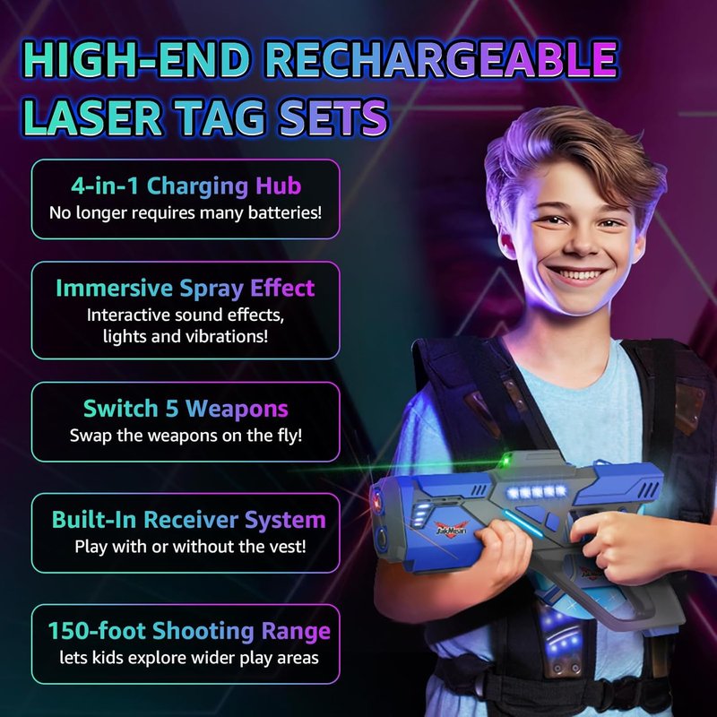 Rechargeable Laser Tag Set - Upgrade Laser Tag Guns with Vests & LED Digital Display | Multi-Player Game for Ages 8+
