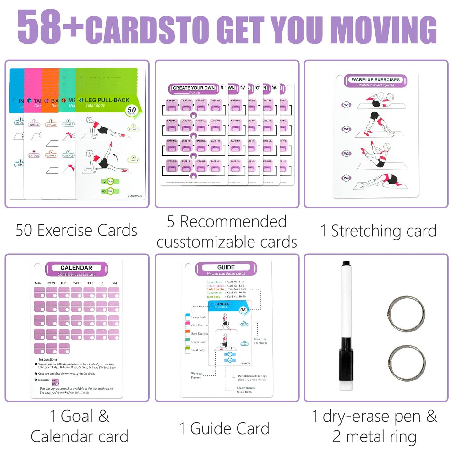 COARVXA Pilates Workouts for Women-58 Exercise Cards with Pilates Mat Workout Postures，ncludes 4-Week Challenge,2 Rings& Dry-Erase for Easy Organization-Home, Gym or Studio
