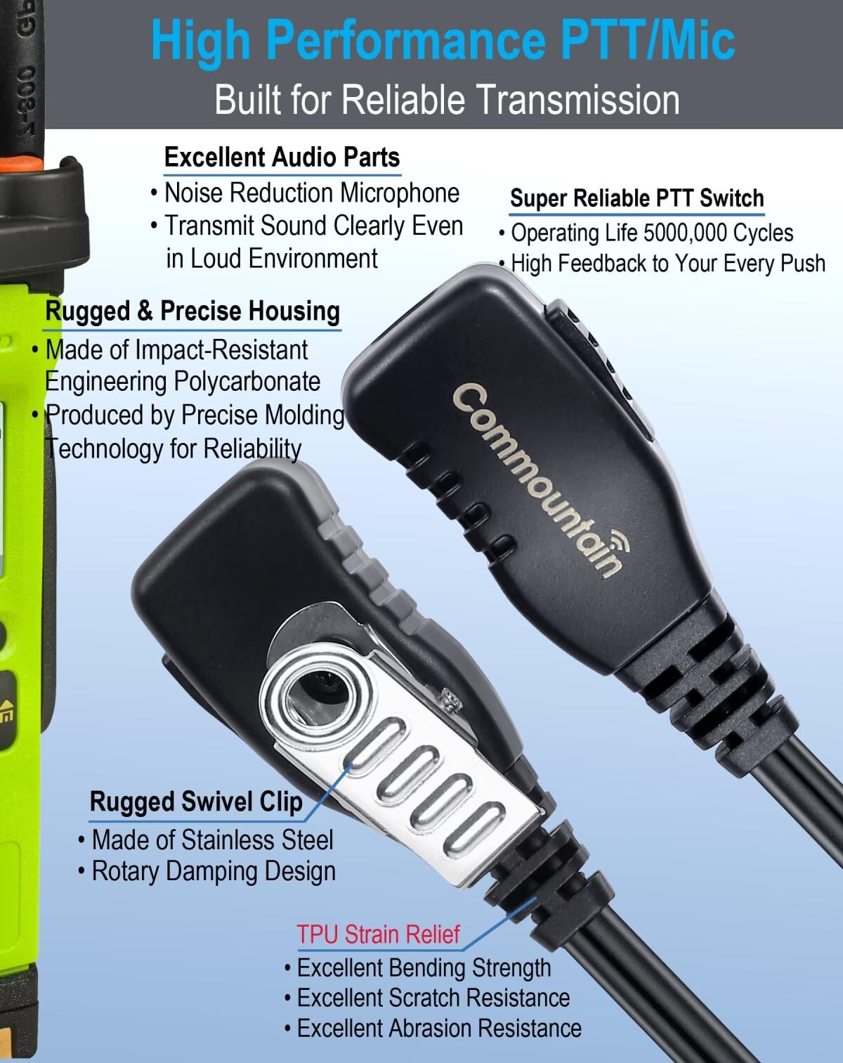 commountain Earpiece with PTT/Mic Compatible for Kenwood Baofeng SAMCOM BTECH Retevis Walkie Talkies Radios and BF-F8HP UV-82HP UV-5R UV82 UV82C UV5X3 TK NX, Acoustic Tube Headset, 2 Pin Style