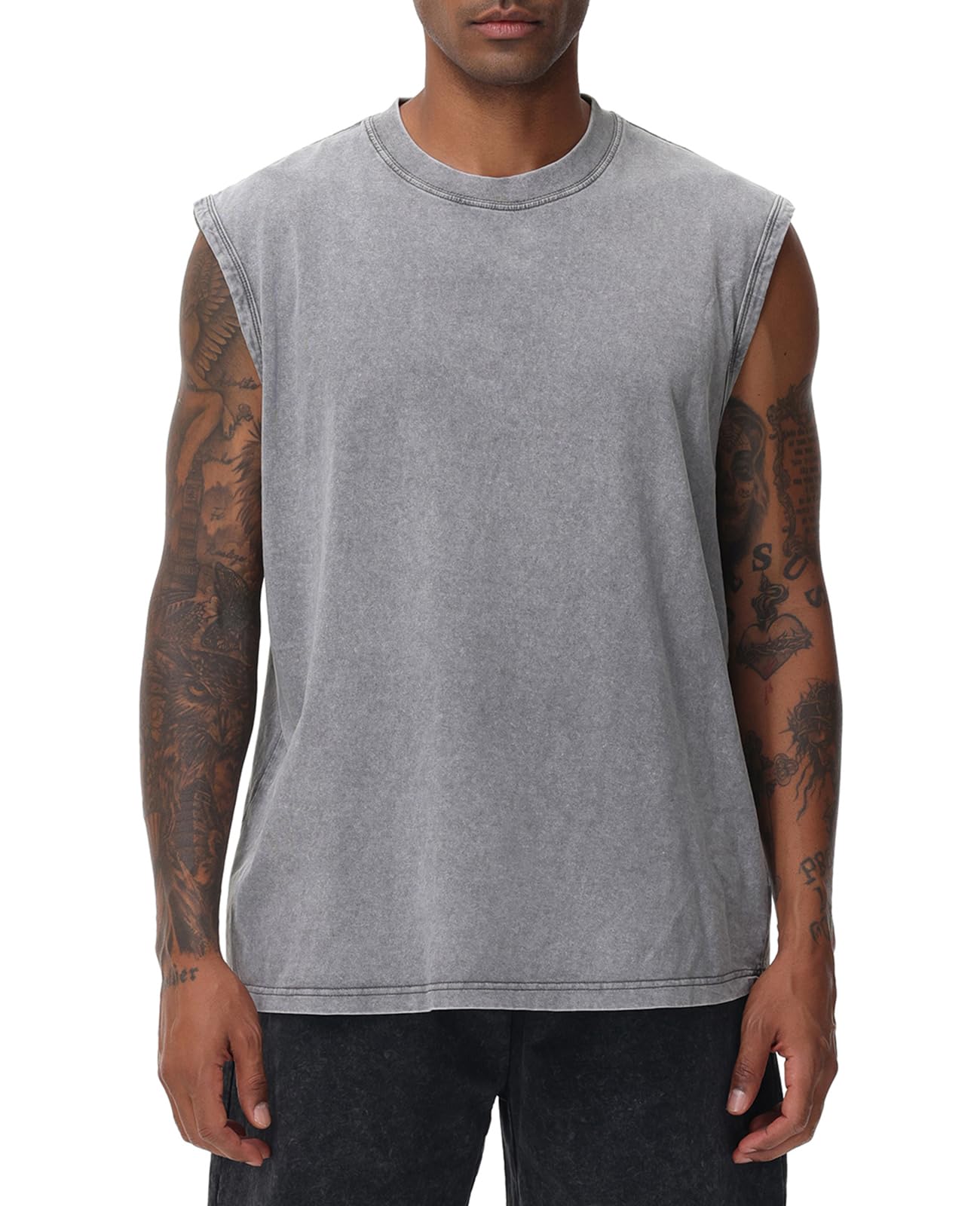 Mens Workout Tank Tops Sleeveless Tee Shirts Men Muscle Shirt Gym Acid Wash T Shirts Running Beach Loose Fit Tee(GY,XL) Grey
