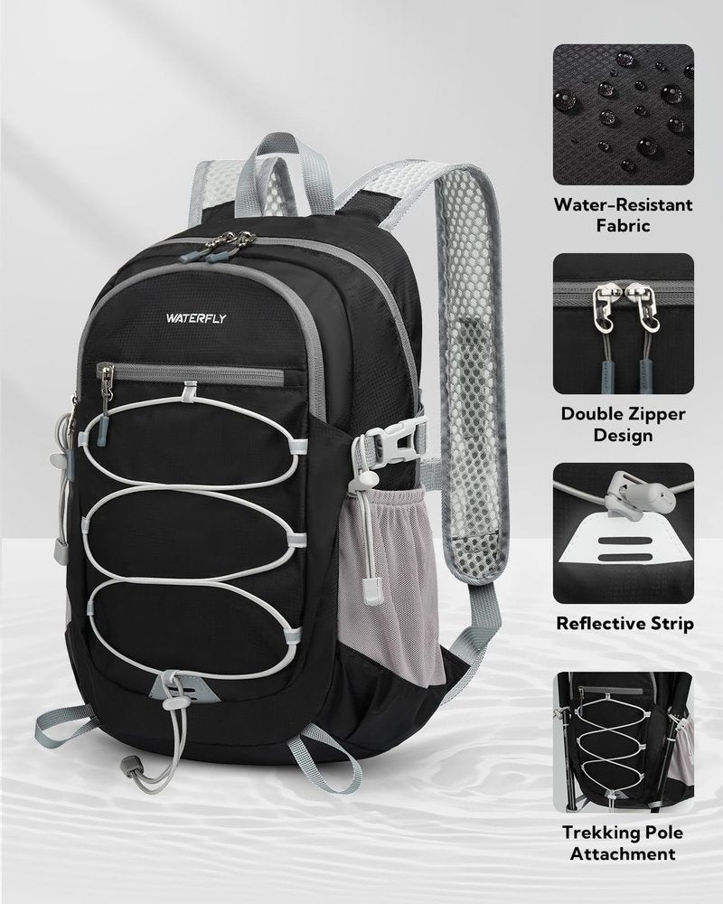 WATERFLY Small Lightweight Packable Backpack: 15L Mini Ultra Light Foldable Travel Daypack with Breathable Shoulder Strap Outdoor Hiking Camping Day Pack for Women Men Black