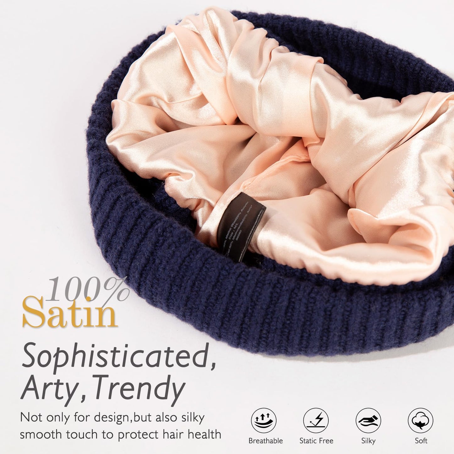 PolarWool™ 80% Merino Wool Beanie Satin Lined Cuffed Watch Fisherman Cap Oversized Big Head Winter Hat for Men Women Outdoor Work Black XL/XXL