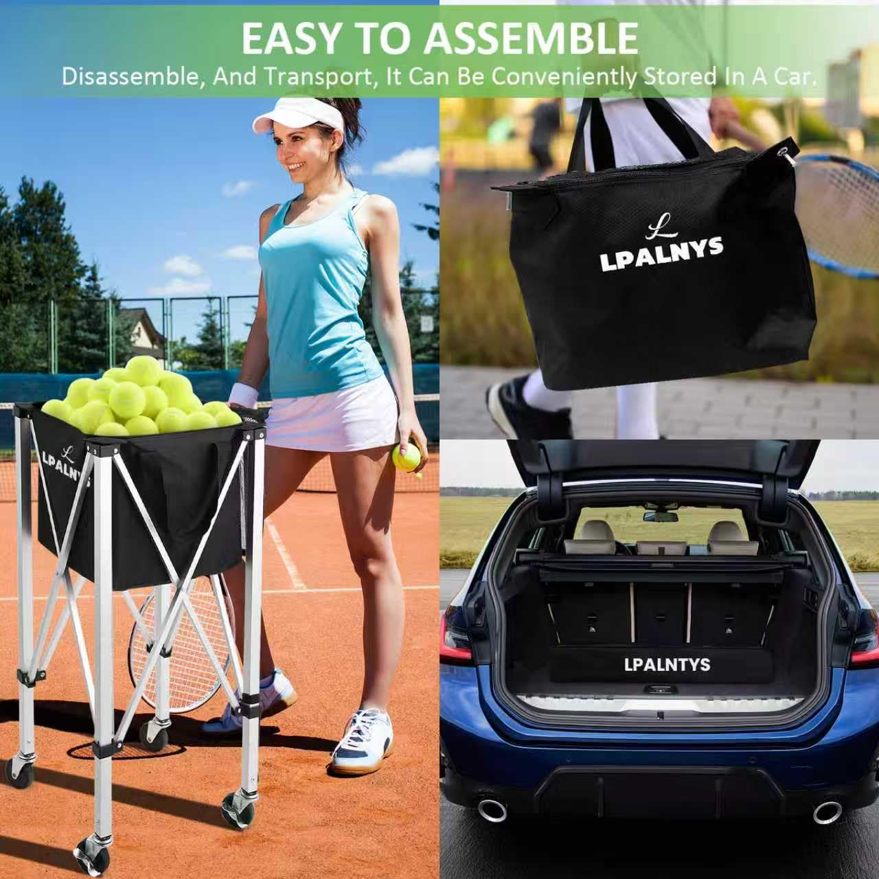 Pickleball Tennis Ball Hopper-Foldable Lightweight Tennis Cart Holds 180 Tennis/160 Pickleballs with Removable Bag,Wheels,Side Pocket for Training/Teaching, for Tennis/Pickleball/Baseball/Softball