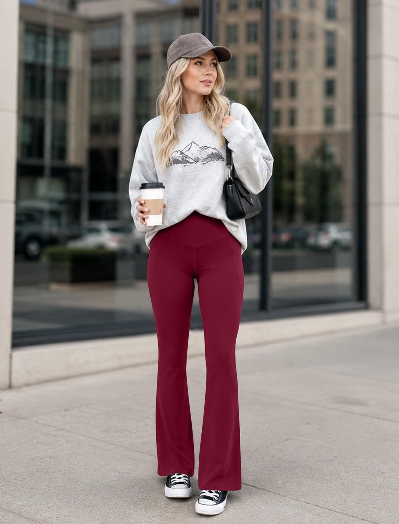 DLOODA Women's Flare Leggings with Pockets Crossover High Waisted Bootcut Yoga Pants Tummy Control Bell Bottom Leggings Burgundy 0M