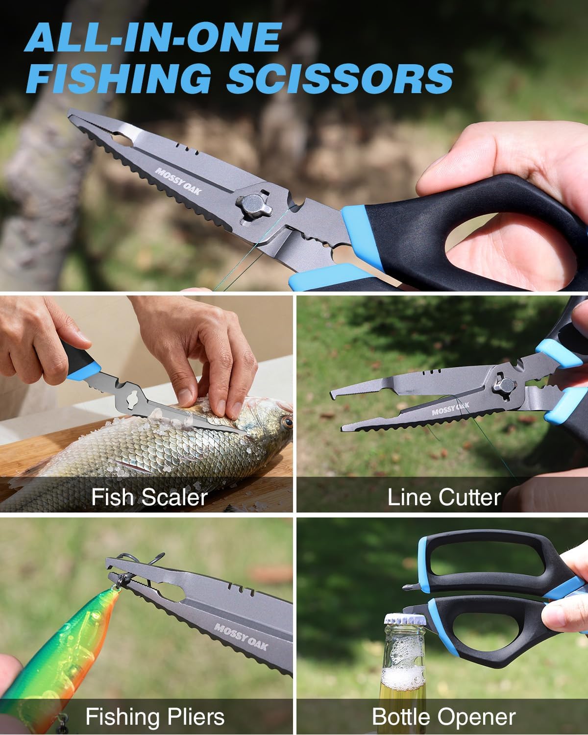 Mossy Oak Fishing Shears - 9.4" Multifunctional Scissors for Braid, Mono & Fluorocarbon Line | Includes Scaler, Hook Remover & Sheath