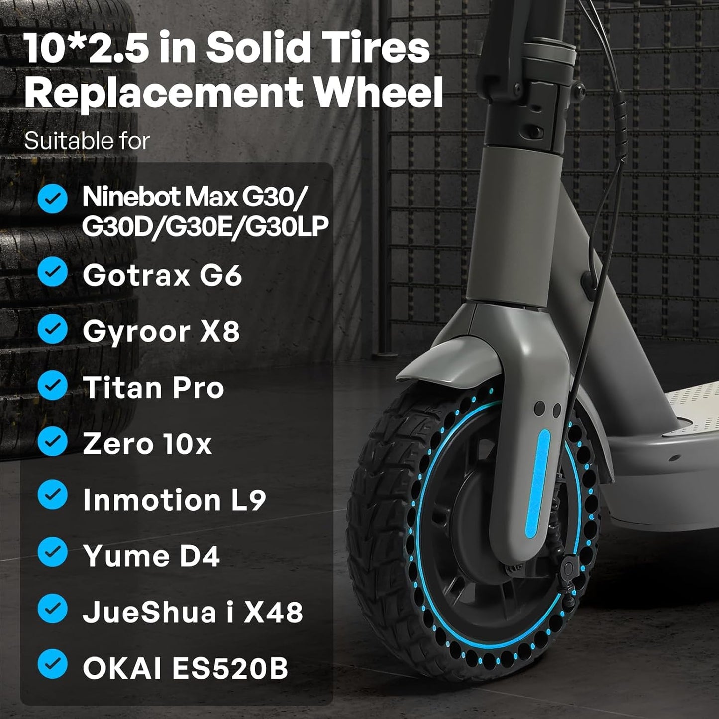 ThinkMRO 1PCS 10x2.5 inches Solid Tires for Electric Scooter, 60/70-6.5 Tire for Ninebot G30 /G30D /G30E /G30E /G30LP /G30D II /G30 Max, Tire Replacement for All 10 x 2.5'' Scooter Tires (Blue)