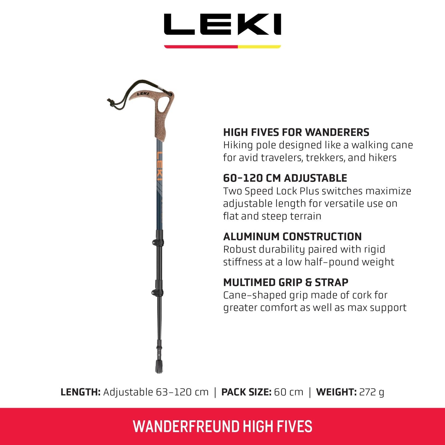 LEKI Wanderfreund High Fives Aluminum Adjustable Lightweight Walking Pole (Single) for Trekking & Hiking - Blue-Orange-Blue - 60-120 cm