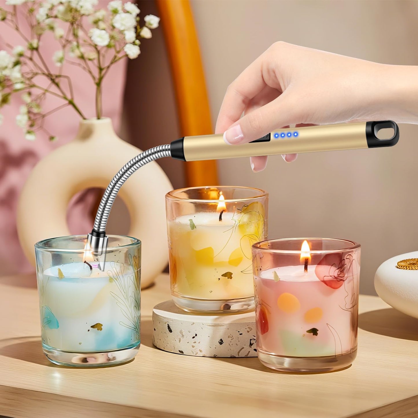 LcFun 3 Pack Electric Candle Lighter Windproof USB Rechargeable Plasma Lighter with LED Battery Display, Flameless Long Arc Lighters for Grill BBQ Camping Fireplace Stove(Black,Silver,Gold)