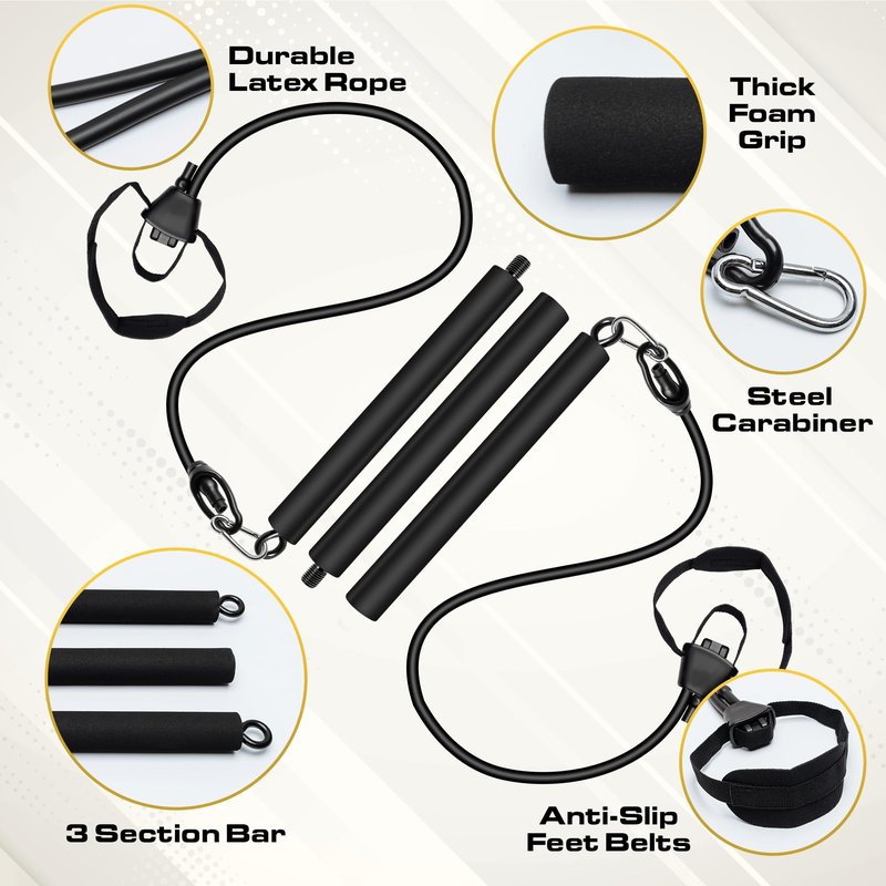 Pilates Bar Kit with Resistance Bands for Women & Men(30,40,50 Lbs), Pilate Bar with Non-Slip Foot Belts, 3-Section Pilates Bar Workout Equipment for Legs, Hip, Waist and Arm