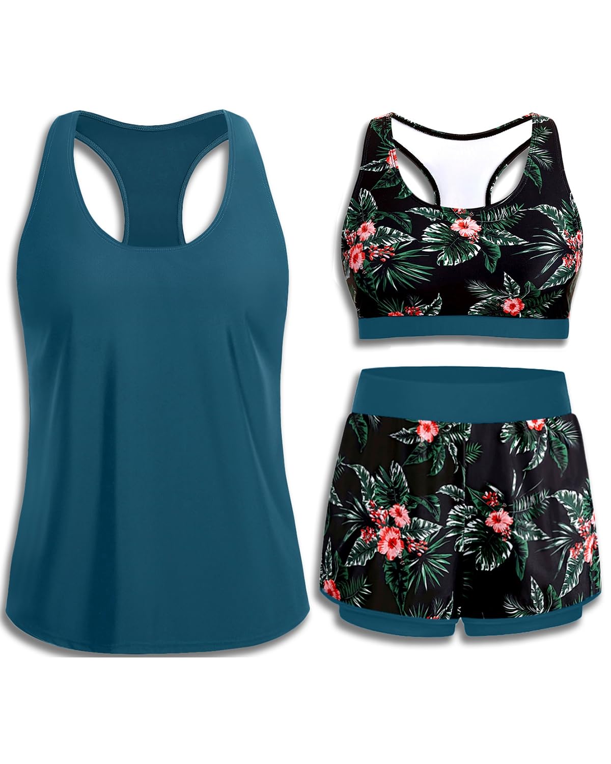 3 Piece Tankini Swimsuits - Athletic Swim Top with Boyshorts Bathing Suits