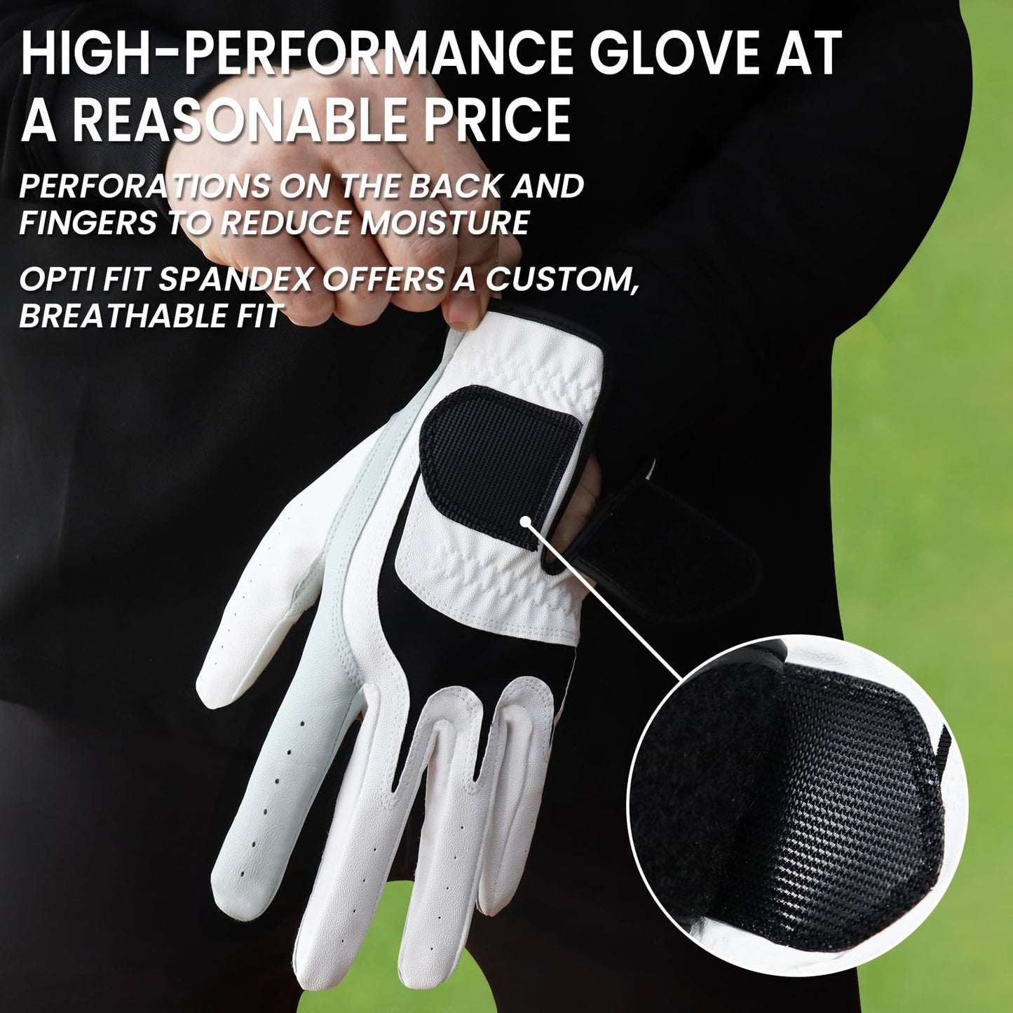FINGER TEN Premium Golf Gloves Men Cabretta Leather Value 3 Pack for Right Left Handed Golfers, All Weather Grip Comfortable Glove Size S M ML L XL for Left Right Hand (White-3 Pack, Large, Left)