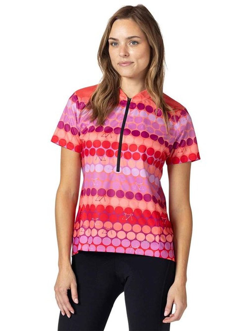 Terry Breakaway Mesh Short Sleeve Cycling Jersey Women UPF 50+ Sun Shirt 10 Inch Front Zip Relaxed Fit Reg. & Plus Sizes - Pink Dots, X Large