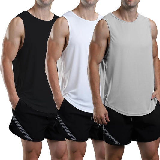 meioro Men's 3 Pack Workout Tank Top Gym Bodybuilding T Shirt Fitness Sleeveless Muscle Tee Shirts Mesh Dry Fit（Black, White, Grey, XL）