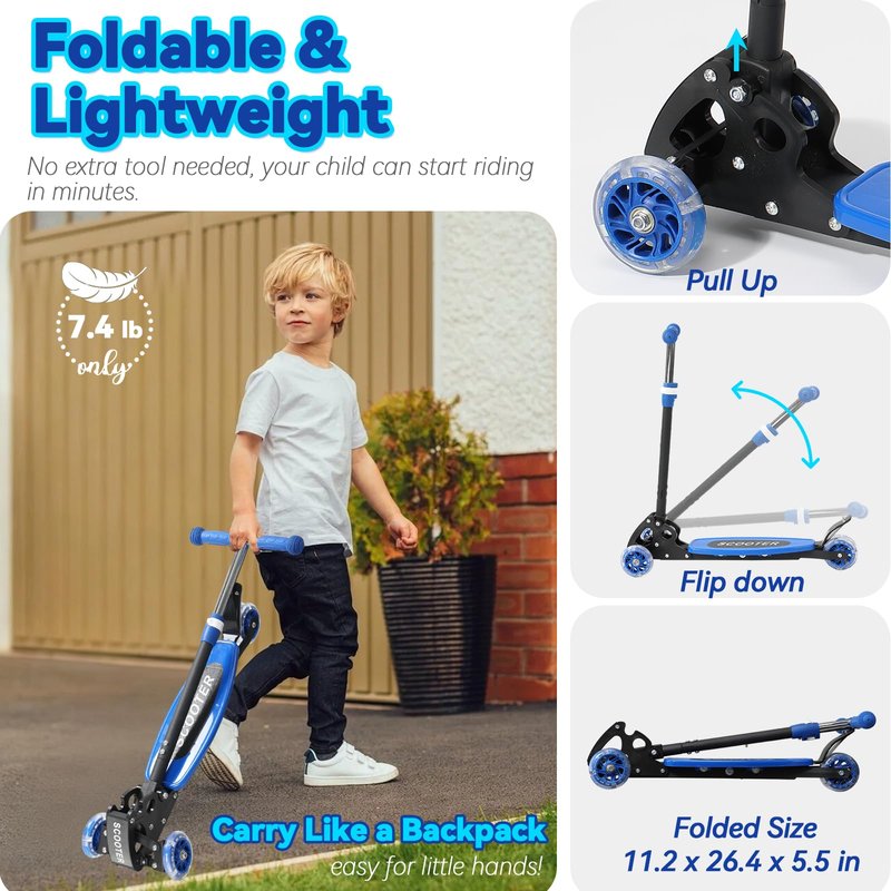 Kids Scooter Heavy Duty, 3 Wheel Scooters for Boy Girl Age 3-8, Heavy Duty Toddler Kick Scooter with Height Adjustable Handlebar, Lean-to-Steer LED Wheels, Anti-Slip Deck, Birthday Gift Wrapped