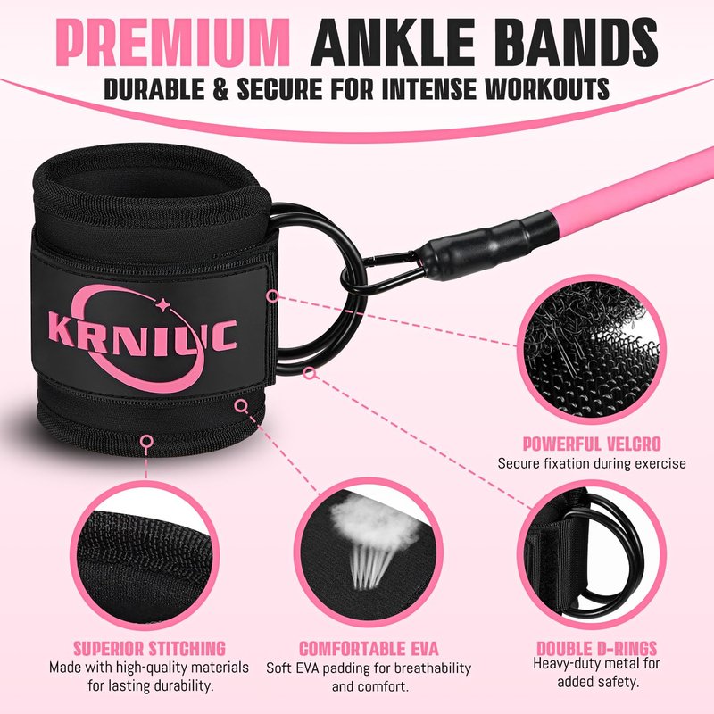 KRNIUC Ankle Resistance Bands with Cuffs, Resistance Bands for Working Out, Home Gym Workout Equipment for Women, Pilates Exercise, Hip, Leg, Glute Ankle Weights Training- Exercise Guides Included