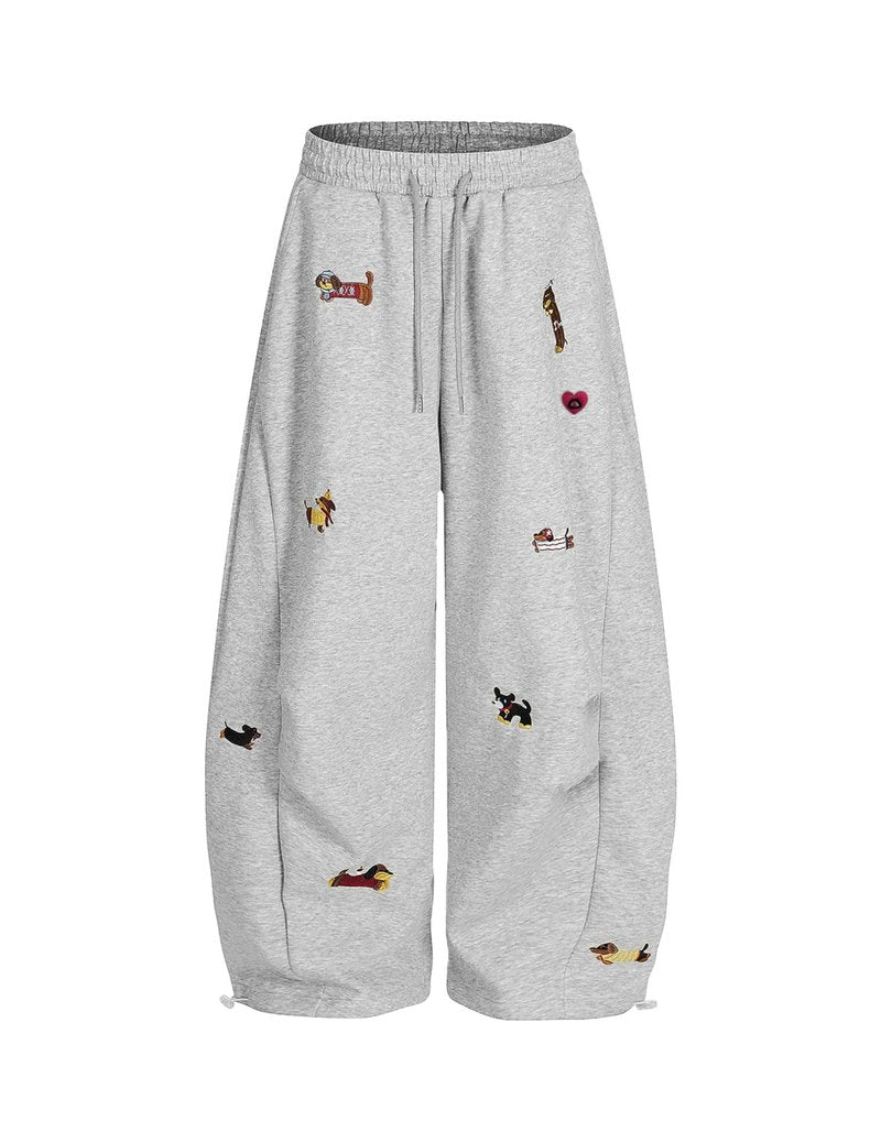Aelfric Eden Embroidery Puppy Baggy Barrel Sweatpants Casual Y2K Elastic Drawstring Unisex Wide Leg Pants Lantern Trouser Grey S
