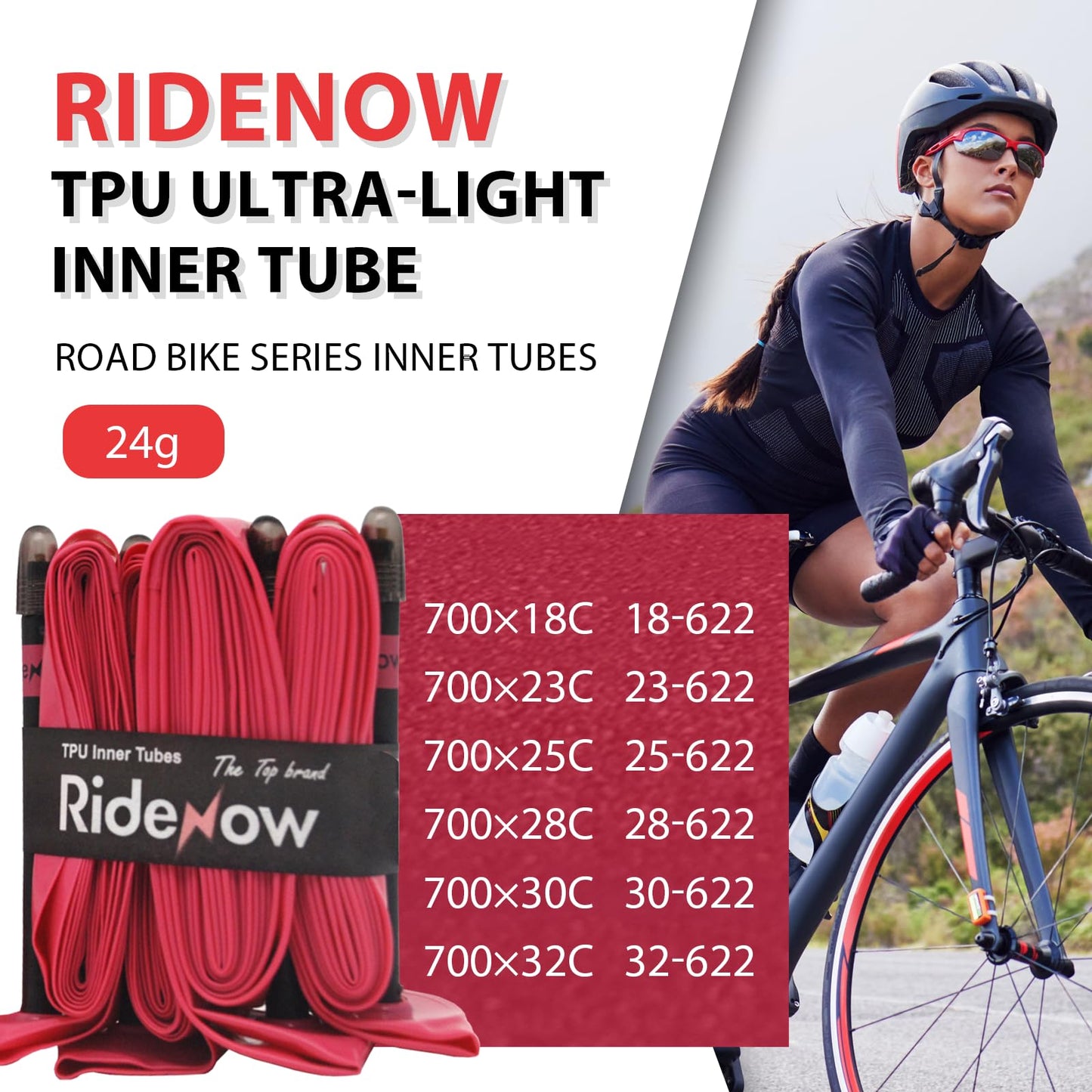 Ridenow TPU Inner Tube, 4-Pack 700×18c-28c Road Bike Inner Tube with 65mm Presta Valves, Super Light 24g & Puncture Resistant Bicycle Inner Tube(Include Bike Inner Tire Patch Repair Kits)