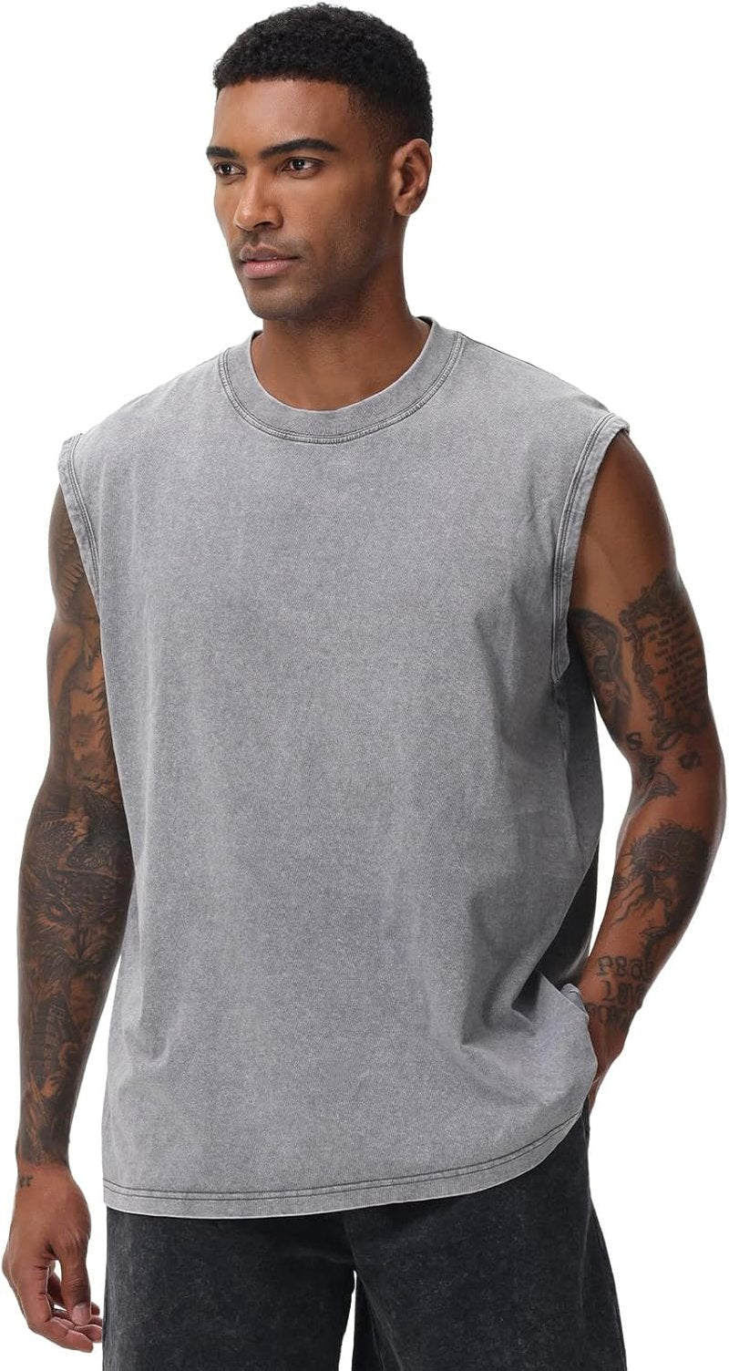 Men's Workout Tank Tops - Sleeveless Muscle Tee for Gym & Running | Acid Wash Loose Fit Shirt