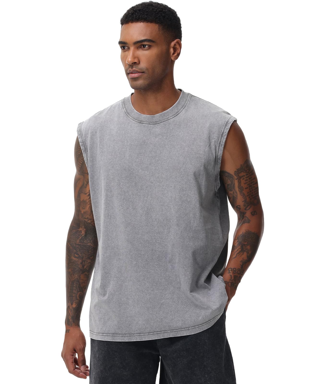 SnowElve 4 Pack Mens Workout Tank Tops Sleeveless Tee Shirts Men Muscle Shirt Gym Acid Wash T Shirts Running Beach Loose Fit Tee(BKGYCFAG,2XL)