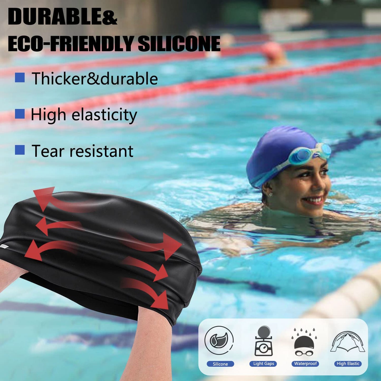 Women Silicone Swimming Cap, High Elasticity Thick Swim Hats for Long Hair, Bathing Swimming Caps for Women and Men Keep Your Hair Dry, with Ear Plugs and Nose Clip, Easy to Put On and Off