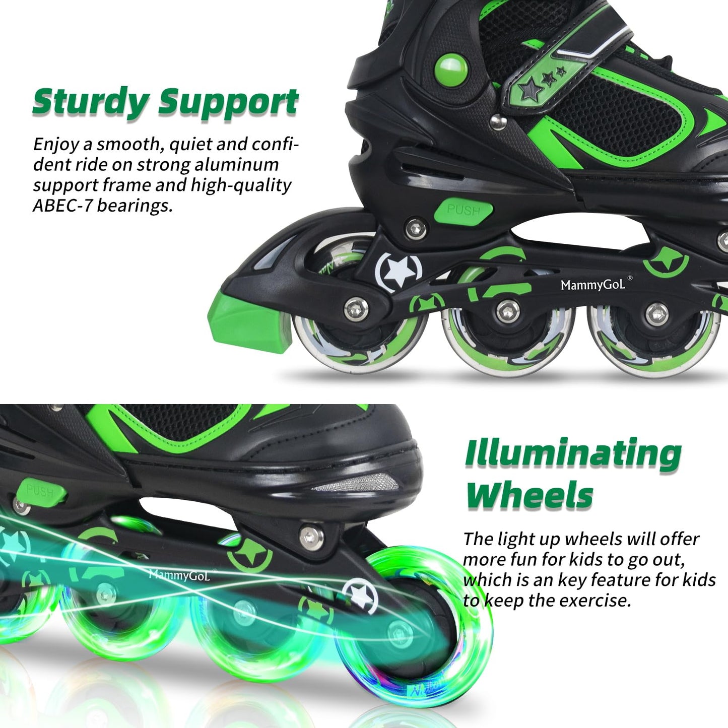 MammyGol Adjustable Inline Skates for Boys Girls Kids Youth with Light up Wheels, Green Beginner Blades Roller Skates for Boys Size 5 6 7 8 Ages 6-12