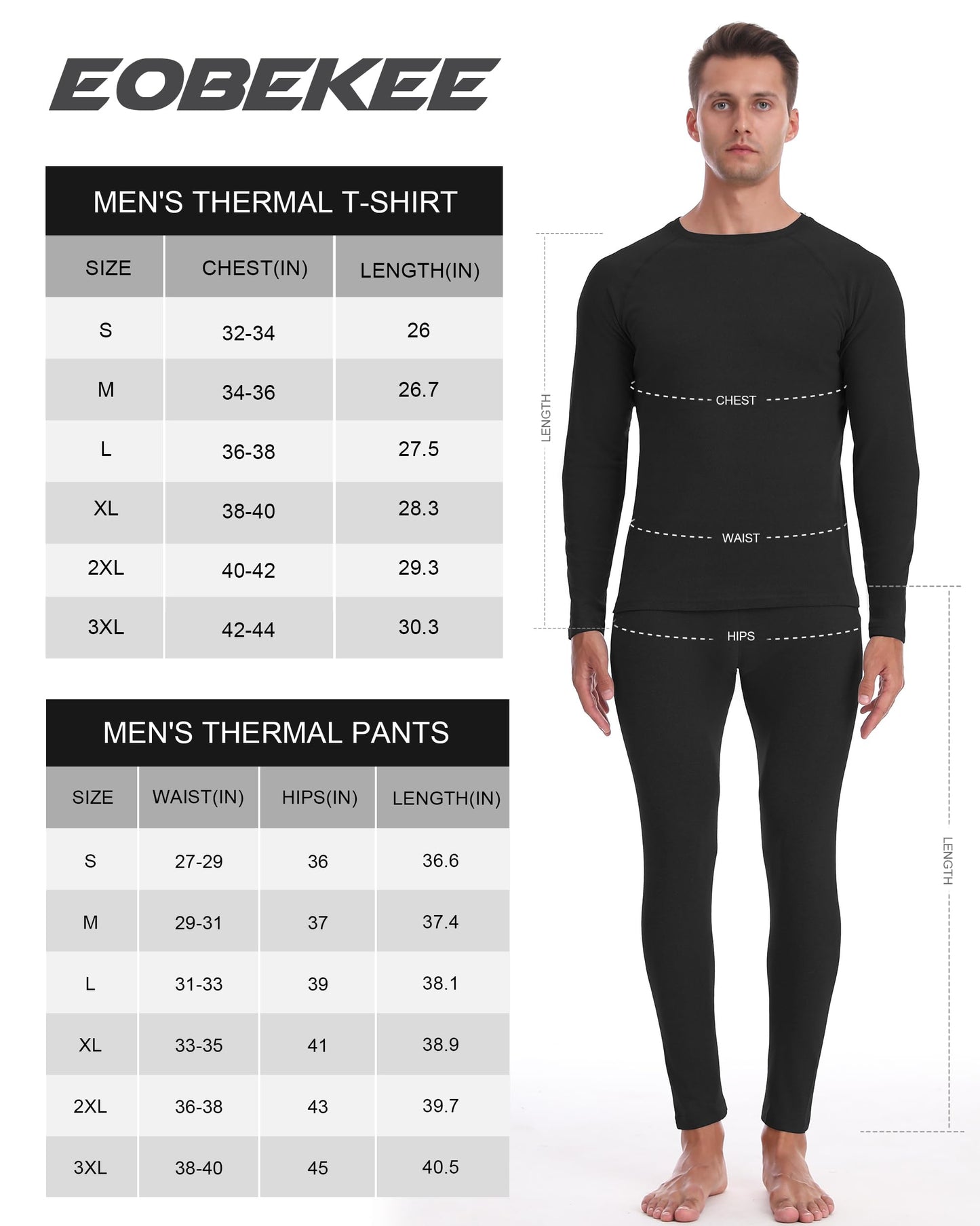 EoBeKee Mens Thermal Underwear Set: Fleece Lined Long Johns Thermals Top and Bottom Base Layer for Cold Weather Winter Ski Heather Black