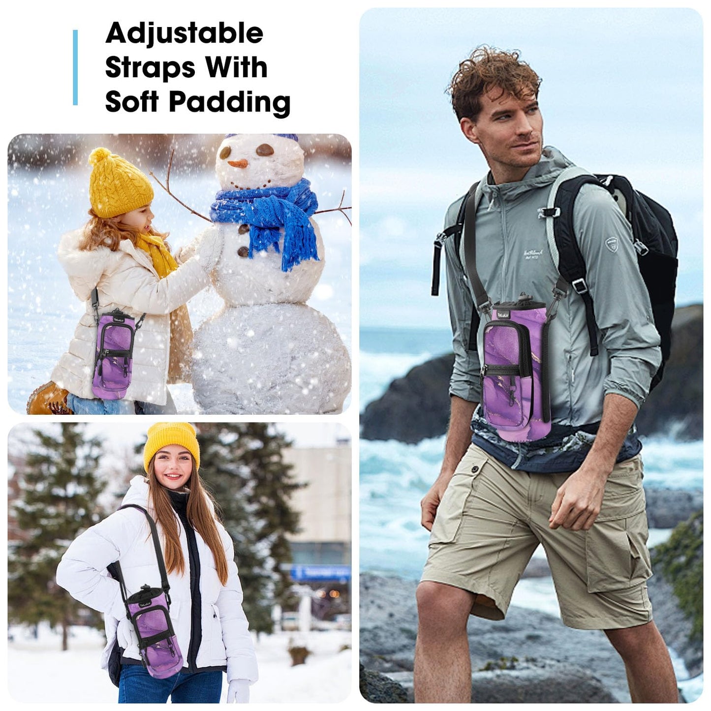 ToLuLu Water Bottle Carrier Bag 25/32/40oz with Pocket, Insulated Neoprene Adjustable Shoulder Strap Water Bottle Pouch Case, Crossbody Water Bottle Holder Sling Sleeve for Kids Adults,Purple Marble