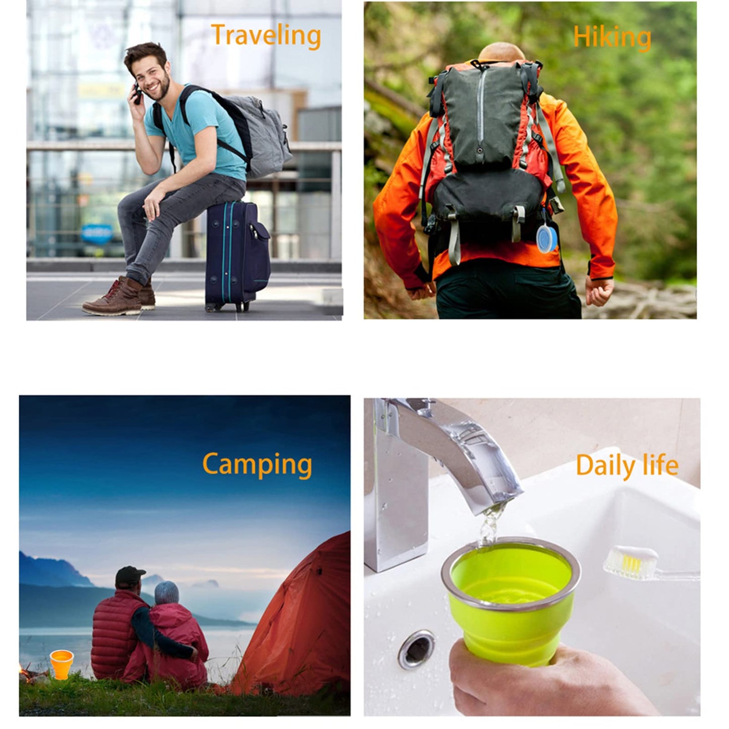 Stouge 3 Pack Collapsible Water Cup Camping Cups Foldable Drinking Cup Travel Cups Silicone Collapsible Cups with Lid Portable Cup for Outdoor Hiking